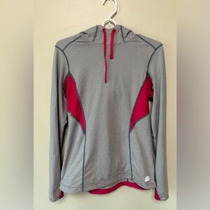 Roadrunner Sports, Size S, long sleeve pink/grey striped hooded top.
